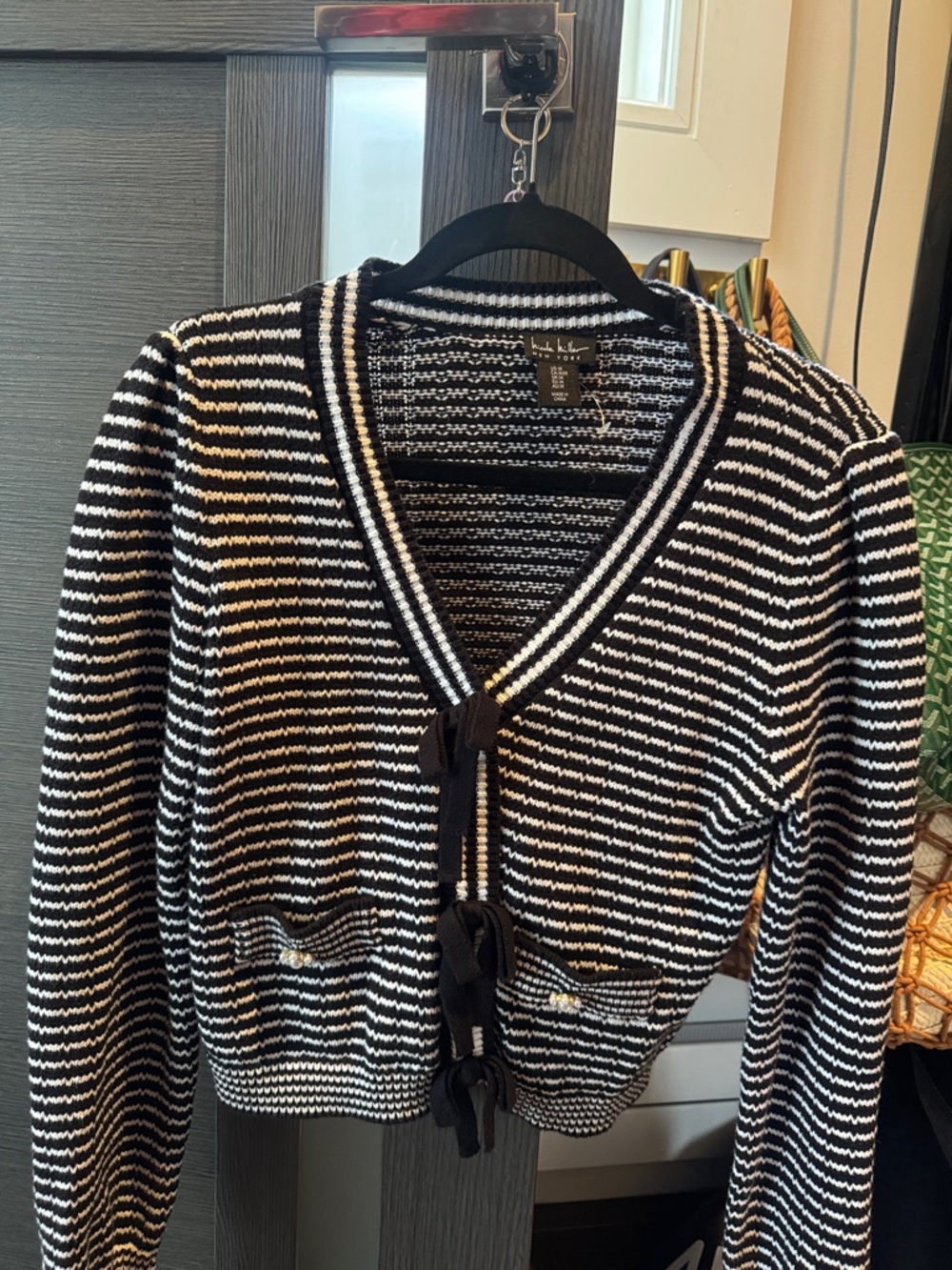 Nicole Miller Black and White Striped Knit Cardigan